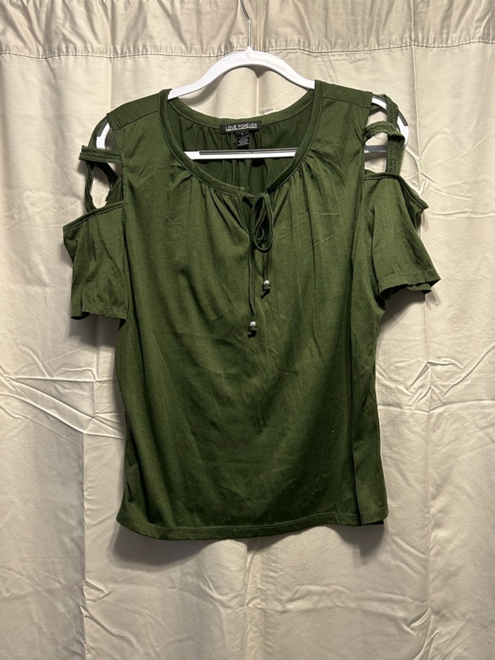 FUN Love Culture Olive Cold-Shoulder Tie-Front Top size L